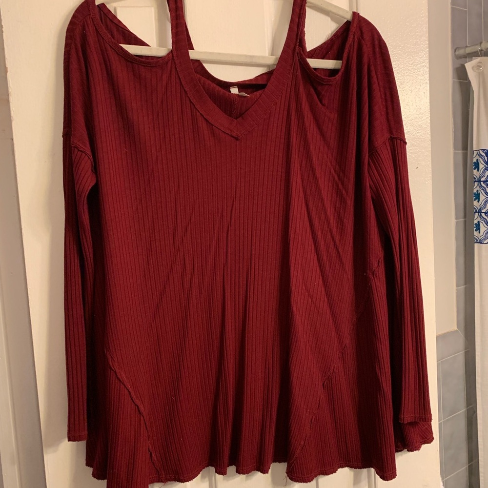 Sage maroon Flowy cutout shoulder sweater